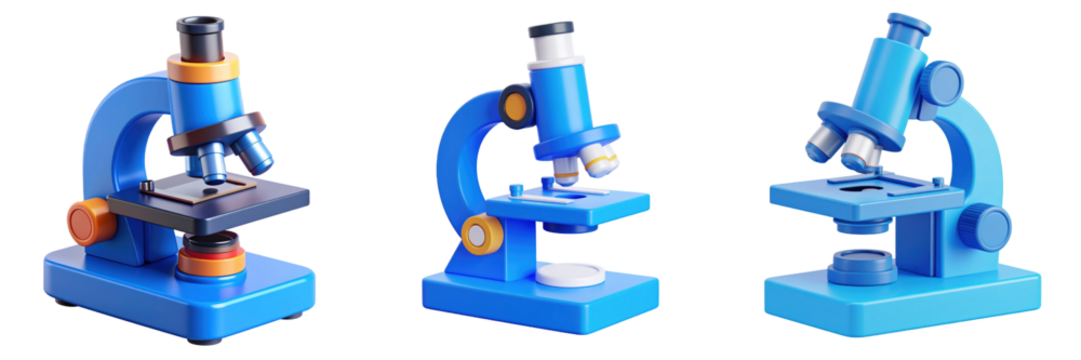 3D Plastic Style Microscopic Laboratory Apparatuses Array Against Transparent Backdrop Features Blue And Orange Accents Isolated Scientific Equipment Concept