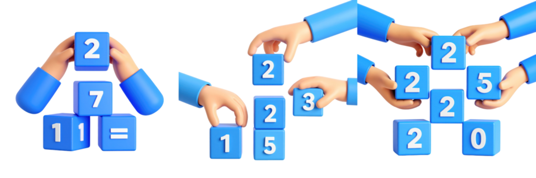 Hands In Blue Sleeves Stacking Numbered Blocks Illustrating Mathematical Concepts For Education With Transparent Background - Powered by Adobe