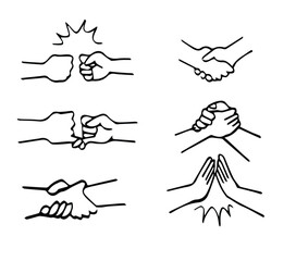 doodle Friendship and shakehands Icons Set with hand drawn sketch drawing style vector