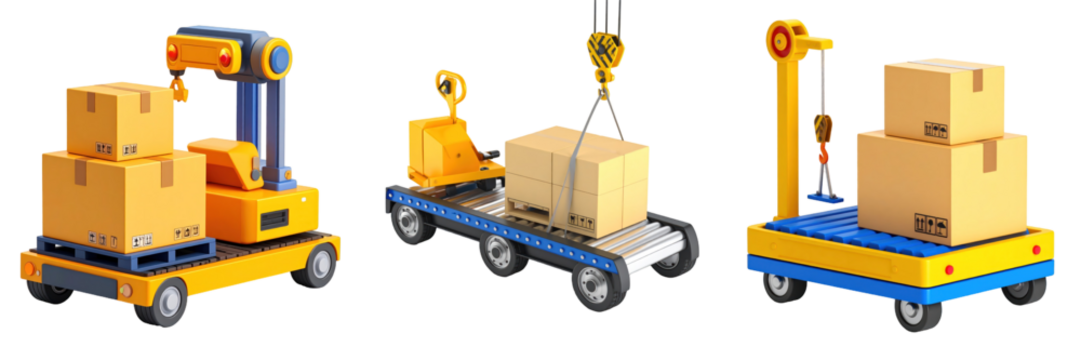 3D Plastic Style Transportation Icons Featuring Yellow And Blue Freight Machines Loading And Unloading Boxes Against Transparent Background - Powered by Adobe