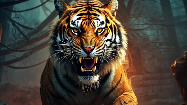 Angry tiger roaring fiercely in jungle ruins  
