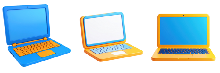 3D Plastic Style Laptops Icon Set in Blue And Orange Colors On Transparent Background