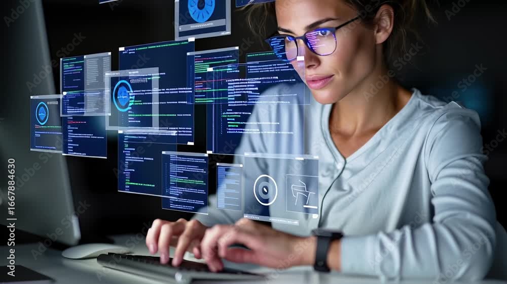 Poster a focused woman with glasses is interacting with digital screens displaying code and programming ele