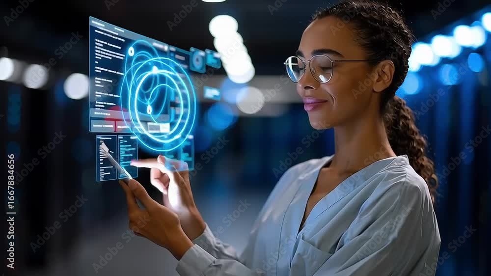 Aufkleber a woman in a high-tech environment interacts with a holographic display while using a smartphone.