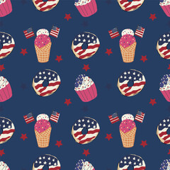 Hand drawn vector seamless pattern. Patriotic background with American flags, cakes and donuts.