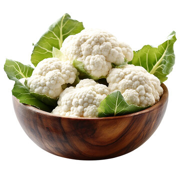 Fresh cauliflower florets in bowl isolated on transparent background