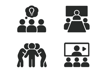 Team activity glyph icons. Solid icon set of team activities, brainstorming, group meeting, team huddle, project planning, video conference, presentation, webinar vector.