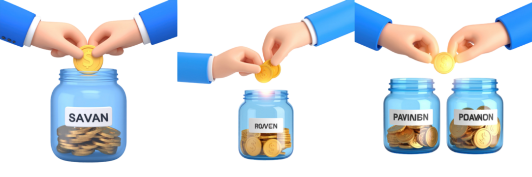 Hands In Blue Sleeves Inserting Coins Into Blue Glass Jars Representing Savings And Investment With Transparent Background - Powered by Adobe
