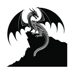 Majestic black dragon perched on a rocky outcrop with wings spread wide