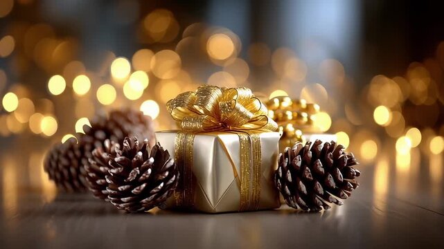 A beautifully wrapped gift surrounded by pine cones, with a blurred background of soft golden lights.