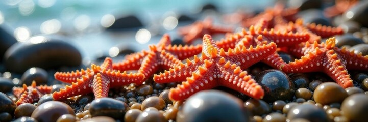 Ochraceus sea stars densely packed on rocky beach at low tide , aggregation, biodiversity