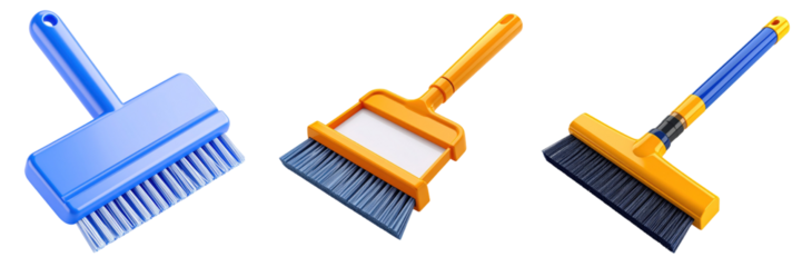 Three Dimensional Plastic Style Cleaning Tools in Blue Yellow and Orange Colors with Bristle Heads and Handles for Household Cleaning on a Transparent Background