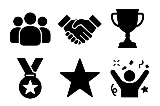Team Success Icons Solid Filled Vector Set Including Group of People Handshake Trophy Medal Star Celebration Achievement Symbols on Transparent Background