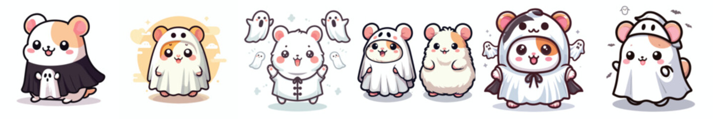 A little hamster wearing a cute Halloween-themed ghost costume. Vector, illustration, icon set.