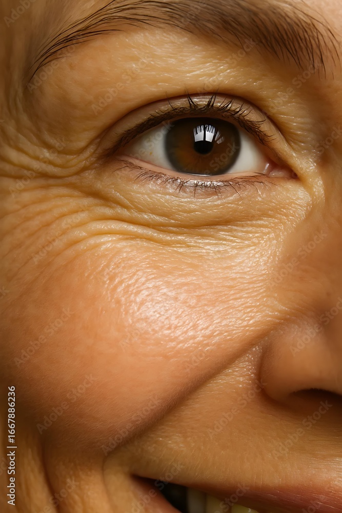 Poster a close-up of an eye and part of a face, showcasing wrinkles and a smiling expression. concept close