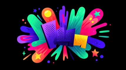 Obraz premium Vibrant Urban Cityscape: A lively display of buildings, splashed with bold, saturated colors against a backdrop of pure black. This artistic depiction of cityscape exudes energy.