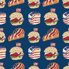 Hand drawn vector seamless pattern. Patriotic background with American flags, cakes and donuts.