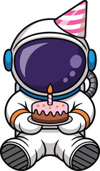 Cartoon astronaut with birthday cake and party hat — festive space character sitting in white suit for kids, celebration, and cosmic themes