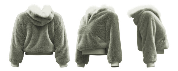 Cozy grey fleece hoodie with hood and ribbed cuffs in 3D rendering © puruan