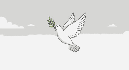 Obraz premium Elegant White Dove Flying Gracefully in a Serene Sky Setting with Olive Branch Emblem, Symbol of Peace, Harmony, and Freedom for Peaceful Messaging and Global Unity Campaigns