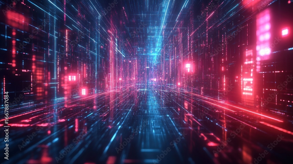 Poster futuristic neon tunnel with dynamic blue and red light streams