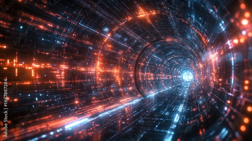 Aufkleber futuristic digital tunnel showing glowing data streams and network connections