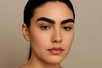 Fototapeta premium A close-up portrait of a woman with striking, well-defined eyebrows and a natural makeup look, against a neutral background. Concept Close-up Portrait, Striking Eyebrows, Natural Makeup