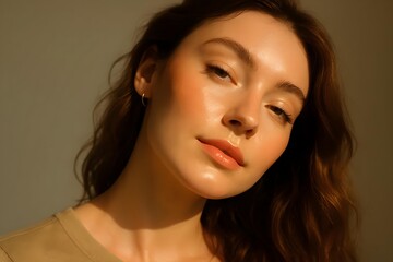 Naklejka premium A woman with wavy hair poses softly, highlighting her natural beauty and glowing skin under warm lighting. Concept Soft Natural Beauty, Wavy Hair Inspiration, Glowing Skin Under Warm Lighting