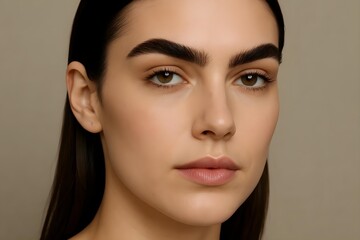 Fototapeta premium A close-up portrait of a young woman with defined eyebrows, neutral makeup, and straight brown hair against a plain background. Concept Close-up Portrait, Defined Eyebrows, Neutral Makeup