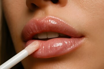 Naklejka premium Close-up of a person's lips being applied with a glossy lip product using a wand applicator. Concept Lip Gloss Application, Close-Up Photography, Makeup Techniques, Beauty Products, Cosmetic Tools