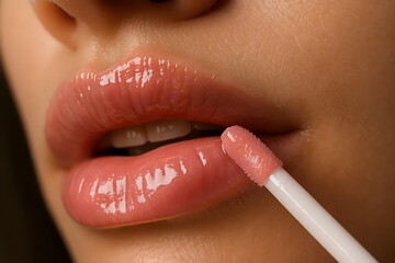 Naklejka premium A close-up of lips being applied with a gloss, showcasing a soft, glossy finish in a nude pink shade. Concept Lip Gloss Application, Soft Glossy Finish, Nude Pink Shade, Close-Up Photography