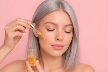 Fototapeta premium A woman applying facial oil with a dropper, set against a soft pink background. Concept Facial Oil Application, Beauty Routine, Skincare Essentials, Product Focus, Soft Pink Aesthetics
