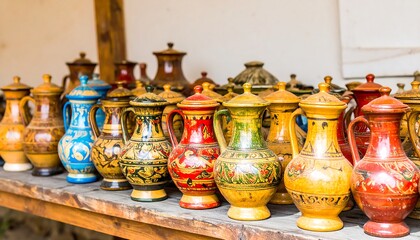 Vibrant Collection of Handcrafted Ceramic Jugs and Vases on Display.