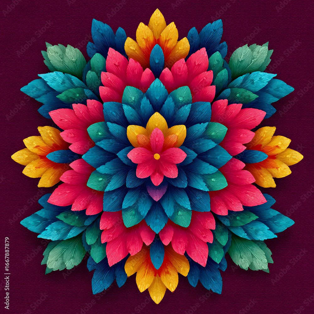 Poster design a bold, vector rangoli flower pattern with thck strokes. create a vibrat, symmetrical design 