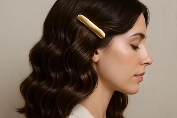 A side profile of a woman with wavy hair, featuring a gold hair clip, set against a neutral backdrop. Concept Side Profile Photography, Wavy Hair, Gold Hair Accessory, Neutral Background