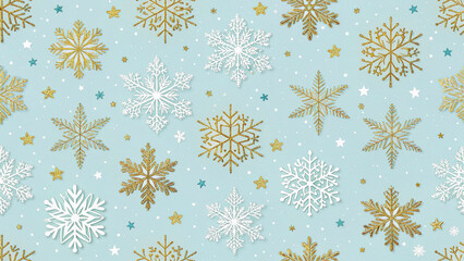Elegant snowflake design in gold and white with tiny stars, light blue festive backdrop.