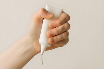 A hand squeezing a white tube, with a drop of the substance about to fall from the tip. Concept Hand Squeezing Tube, Close-Up Shot, Substance Drop, Tension in Action, Everyday Objects