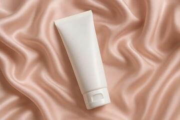 A plain white tube of cream or lotion placed on a smooth, light pink satin fabric. Concept Minimalist Product Display, Elegant Fabric Background, Beauty and Skincare, Simple Aesthetic