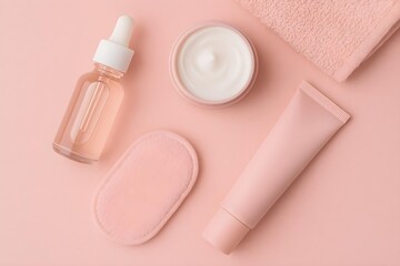 Four skincare products arranged on a pink background: a dropper bottle, a cream jar, a tube, and a soft cloth. Concept Skincare Essentials, Product Arrangement, Colorful Background, Beauty Routine
