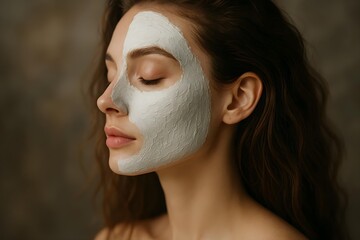 A woman with a clay facial mask on one side of her face, appearing relaxed with her eyes closed and curly hair. Concept Clay Facial Mask, Relaxation Techniques, Curly Hair Care, Skincare Routine