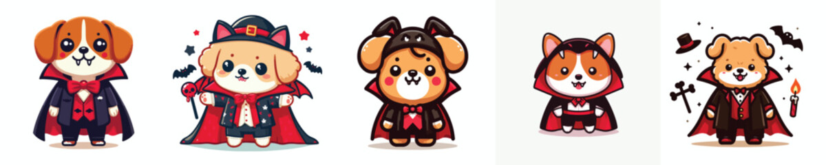Dog wearing a Halloween-themed vampire costume. Vector, illustration, icon set
