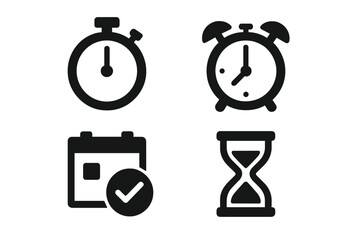 Fototapeta premium Time Management Icons. Solid Filled Vector Set of Stopwatch, Alarm Clock, Calendar Reminder, Hourglass, Productivity Tools, Time Tracking, Organization Symbols
