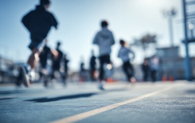 people running on a blue outdoor court in bright sunlight