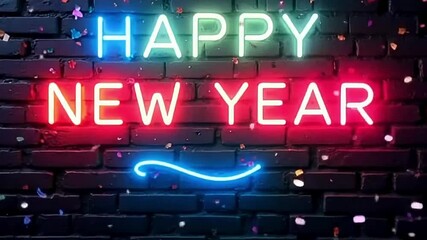 Colorful neon Happy New Year sign glowing on dark brick wall, surrounded by confetti and light reflections, party celebration theme - Powered by Adobe
