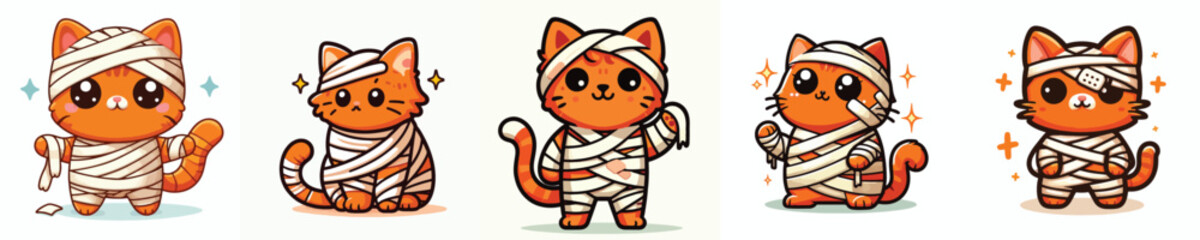 Orange cat wearing a Halloween-themed mummy costume. Vector, illustration, icon set