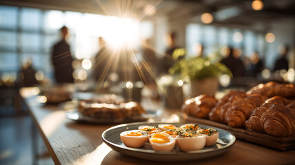Bright breakfast spread: Deviled eggs, croissants, and cake offer a delicious start to the day in a sunlit room.