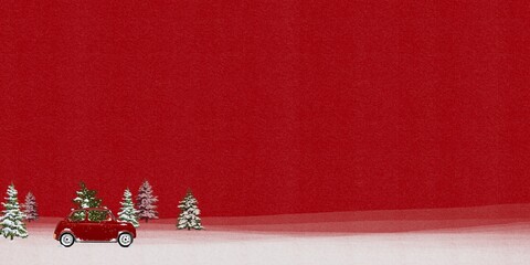 Illustration, wall art, Christmas festival, red car carrying Christmas tree in winter, vintage Hand Drawn on red background, for card, decoration.