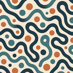 Retro Seamless Geometric Pattern with Wavy Lines and Circles in Blue Teal and Orange