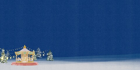 Carousel, amusement park ride, accordion, winter Christmas festival, season, card, romantic, wedding illustration on blue background.