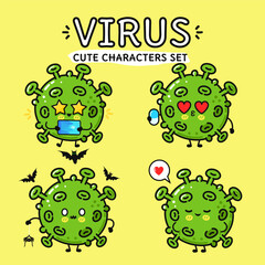 Cute cartoon virus characters set with various expressions on a vibrant yellow background.